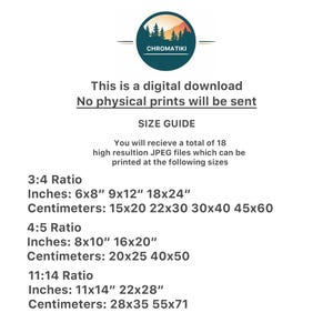 May include: A size guide for digital downloads of printable artwork. The guide lists different aspect ratios and corresponding sizes in inches and centimeters. The text reads "This is a digital download. No physical prints will be sent. Size Guide. You will receive a total of 18 high resolution JPEG files which can be printed at the following sizes."