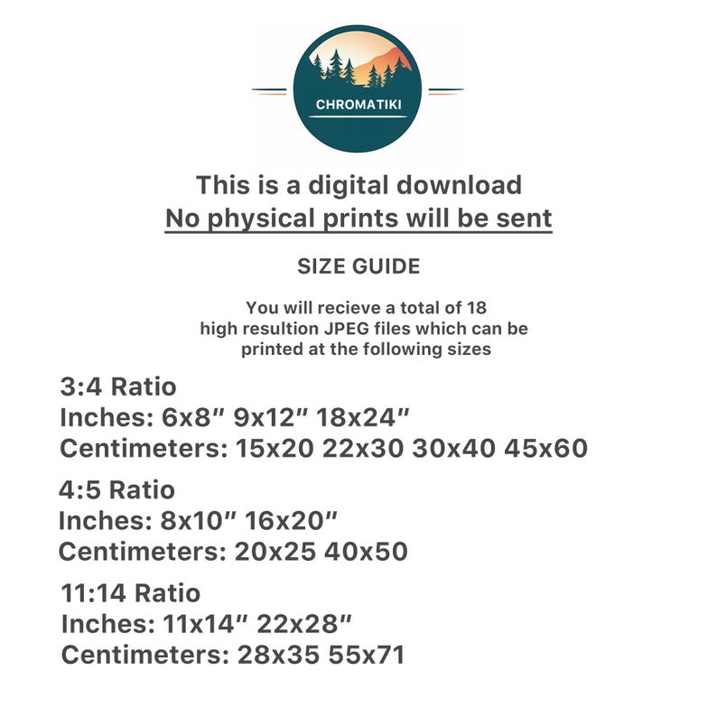 May include: A size guide for digital downloads of printable artwork. The guide lists different aspect ratios and corresponding sizes in inches and centimeters. The text reads "This is a digital download. No physical prints will be sent. Size Guide. You will receive a total of 18 high resolution JPEG files which can be printed at the following sizes."