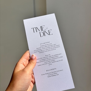 Zeit zum Dinieren ohne Rand Digitale anpassbare raffinierte, elegante, klassische, zeitlose Black & White-Hochzeitsmenüvorlage