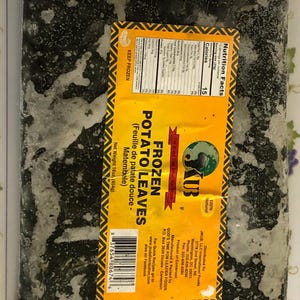 May include: A package of frozen potato leaves, also labeled as Matembele, with a yellow and orange label. The label includes nutritional information, the brand name "JKUB", and the text "100% Natural". The net weight is 16oz (454g).