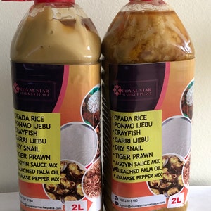 May include: Two 2-liter plastic bottles of palm oil with red lids and labels that say "Royal Star Marketplace". The labels list ingredients including "Ofada Rice", "Ponmo Ijebu", "Crayfish", "Garri Ijebu", "Dry Snail", "Tiger Prawn", "Agoyin Sauce Mix", "Bleached Palm Oil", and "Ayamasa Pepper Mix".