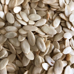 May include: A close-up image of a bowl filled with a large quantity of white watermelon seeds. The seeds are oval-shaped and appear to be dried or roasted.
