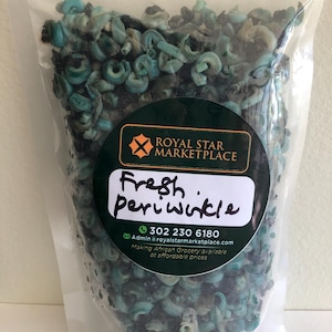 May include: A clear plastic bag filled with fresh green periwinkle shells. The bag has a sticker with the text "ROYAL STAR MARKETPLACE" and "Fresh Periwinkle" along with contact information.