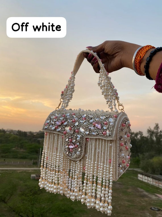 Off White Diamond Fringe Top Handle Bag With Intricate