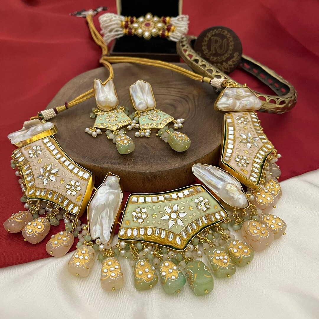 Buy Green and White Polki Kundan Choker Necklace Set With Earrings Jaipur  Indian Jewelry Set Real Kundan Jewellery Set Bridal Wedding Party Online in 