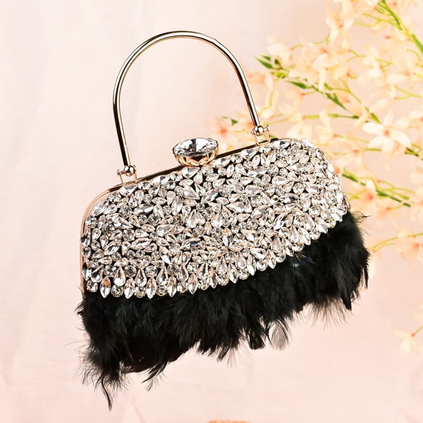 Silver sparkly wedding clutch with ostrich feathers, Elegant gray evening purse, Fancy bridal purse, Handmade jeweled women cocktail handbag