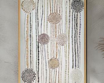 May include: Abstract art print in a wooden frame. The artwork features vertical lines of small dots in various colors, including brown, black, and gold, with larger circular clusters of dots interspersed throughout. The background is off-white.
