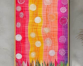 May include: Abstract art print featuring a colorful background with five vertical stripes of pink, orange, yellow, peach, and purple. The stripes are decorated with white circles and lines.
