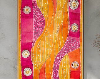 May include: Abstract painting with a vibrant orange, yellow, and pink color scheme. The painting features a series of curved lines and dots, creating a dynamic and textured effect.