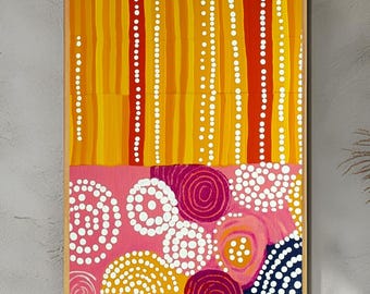 May include: Abstract art painting with a yellow, orange, red, pink, purple, and white color scheme. The painting features a pattern of dots and stripes.
