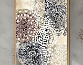 May include: Abstract art print featuring a series of overlapping circles filled with small dots. The color palette includes shades of brown, white, and navy blue, set against a neutral background. The artwork is framed in a light wood.