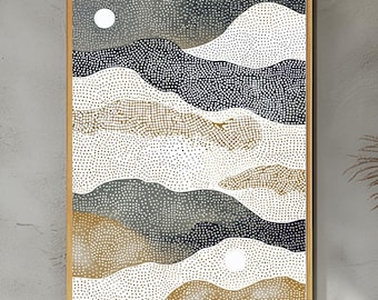 May include: Abstract art print featuring a landscape design with layered, dotted patterns in shades of gray, white, and gold. Two white circles represent the sun and moon. The artwork is framed in a natural wood frame.