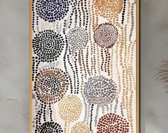 May include: Abstract art print featuring a pattern of colorful, dotted circles and vertical lines. The artwork includes circles in shades of black, brown, gray, and gold against a white background, framed in a light wood.