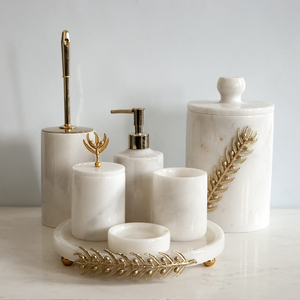 7 Pieces White Marble Bathroom Set With Brush Decoration, Marble