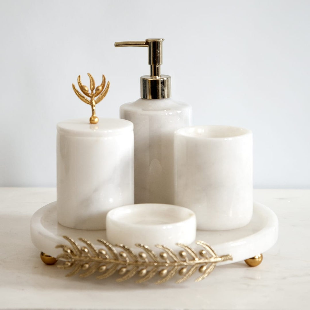 5 Pieces White Marble Bathroom Set With Brush Decoration Etsy