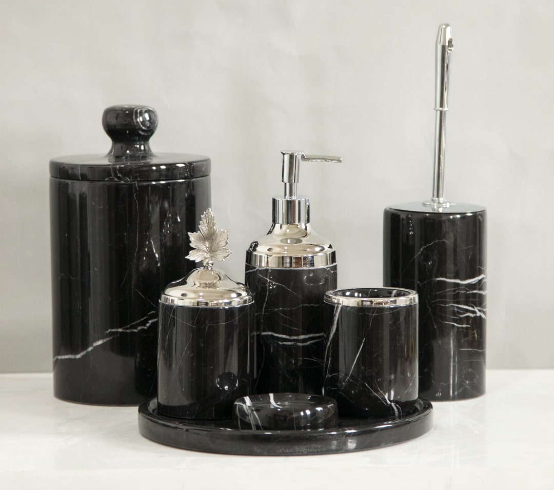 7 Pieces Black Marble Bathroom Set With Brush, Marble Products for Your