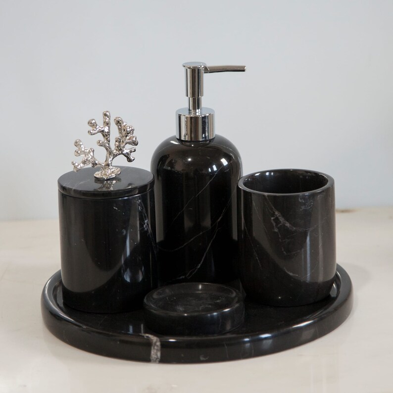 5 Pieces Classic Black Marble Bathroom Set, Soap Dispenser for Your