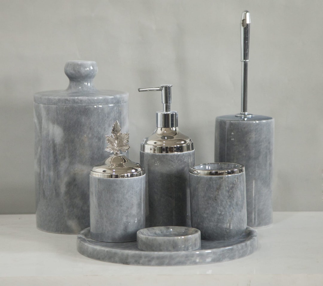 7 Pieces Gray Marble Bathroom Set With Brush, Marble Products for Your ...