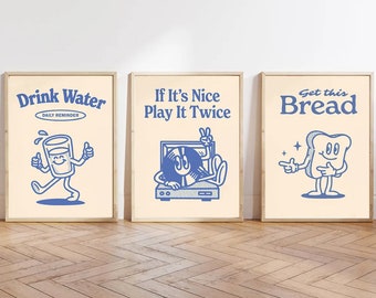 Retro Cartoon Character Record Player More Espresso Less Depresso Bread Blue & Red Canvas Wall Art