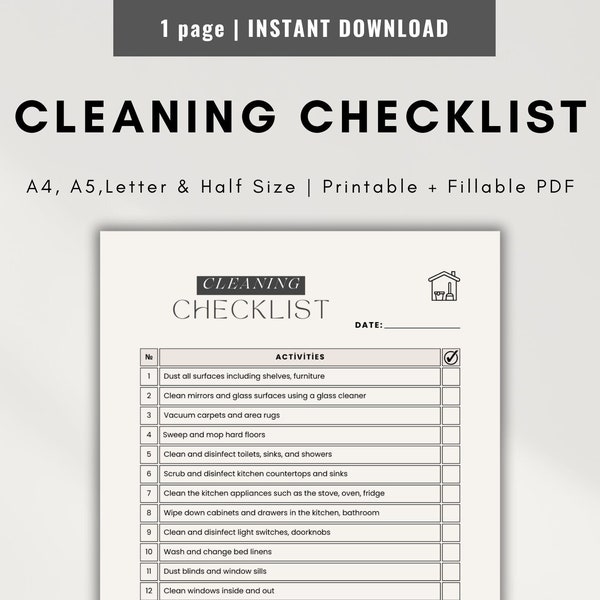 House Cleaning Checklist - Living Room, Kitchen, Bedroom, Bathroom, Laundry Room, Garage, ect.. A4/A5/Letter/Half Size, Instant Download PDF