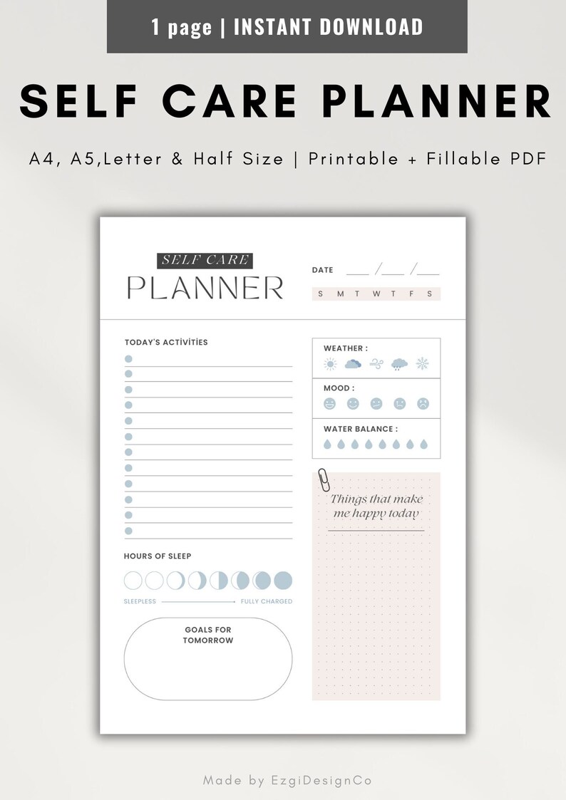 Weekly Self Care Tracker Printable, Daily Self Care Checklist, Portrait ...