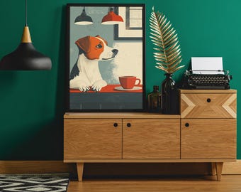 Impresión artística de perro con café: Descarga digital de Cozy Cafe