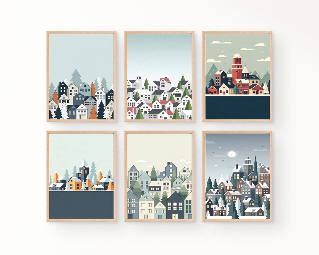 Nordic Christmas Village Skyline Wall Art – Minimalist Winter Printable ...