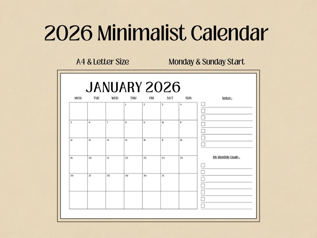 2026 Minimalist Printable Calendar With Monthly Goals & Notes - Etsy