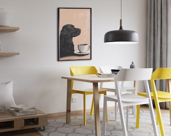 Elegant Black Dog with Coffee – Minimalist Cozy Art Print
