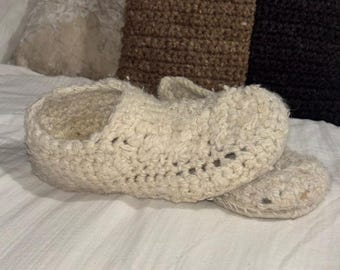 100% British Wool Crochet Slippers | Handmade Chunky Knit House Shoes | Natural Eco-Friendly Loungewear | Cozy Winter Gift for Him & Her
