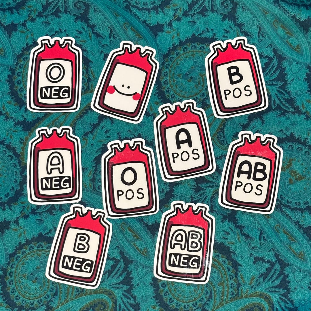 Blood Type Blood Bag Weatherproof Vinyl Sticker - Happy Little Cells ...