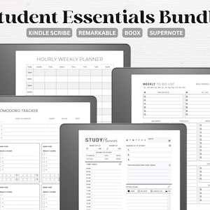 Könnte beinhalten: Ein Satz von vier digitalen Planer-Vorlagen für Studenten. Die Vorlagen umfassen einen stündlichen Wochenplaner, einen Pomodoro-Tracker, einen Studienplaner und eine wöchentliche To-Do-Liste. Die Vorlagen sind für die Verwendung auf E-Readern und Tablets konzipiert.