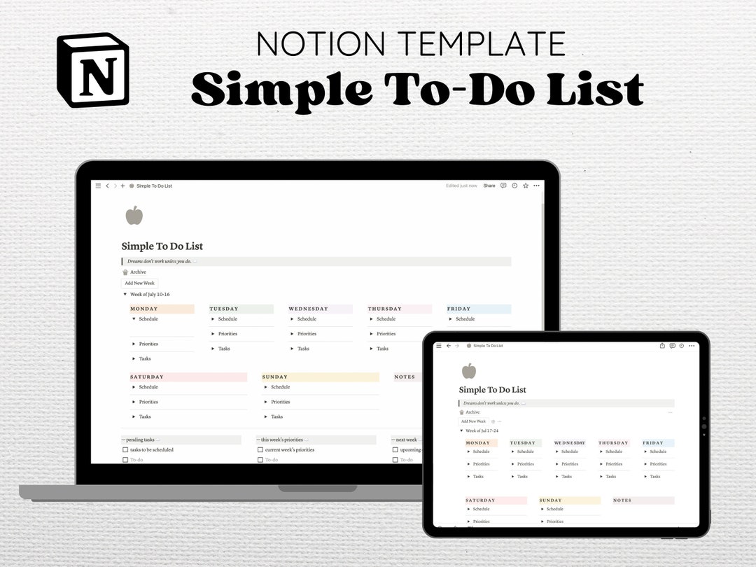 Notion to Do List Weekly Planner Template Simple Customizable Checklist ...