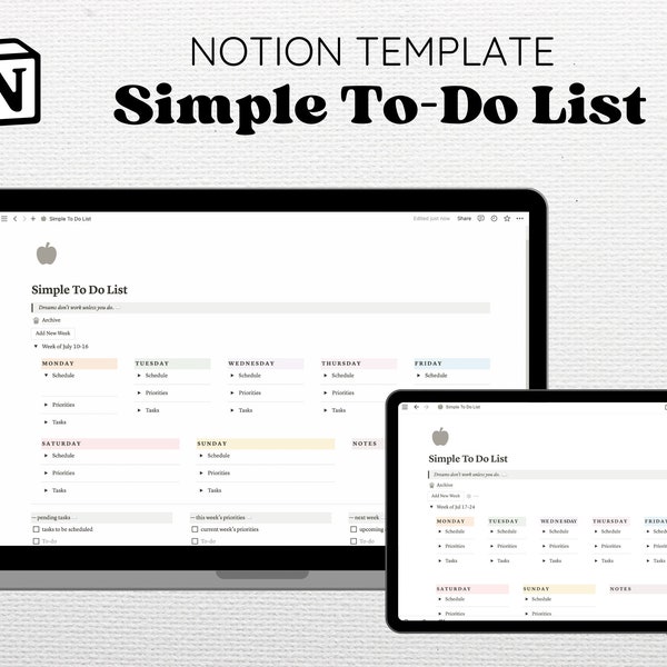 Notion To Do List Weekly Planner Template Simple Customizable Checklist