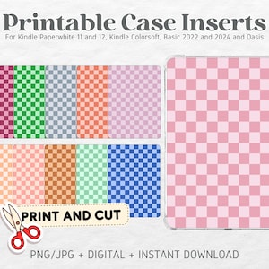 Kindle 印刷可能なカードストック クリアケース インサート | カラフルなチェック柄 | 背景カスタマイズ可能な裏表紙 | 印刷可能なデジタル ダウンロード