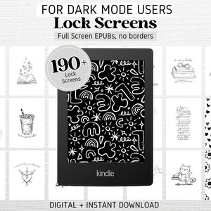 May include: A collection of 190+ black and white lock screens for Kindle e-readers. The lock screens feature various designs, including illustrations of books, coffee cups, and hearts. The text "190+ Lock Screens" is displayed in a circle on a white background.