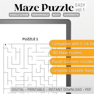 Maze Puzzle Compatible with Kindle Scribe, Remarkable, Boox, Supernote | EASY Vol 1 | 100 PUZZLES | Digital Download | Hyperlinked pdf