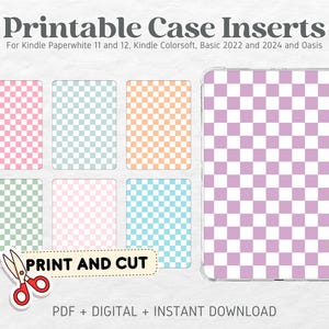 Może przedstawiać: Drukowane wkładki do etui dla Kindle Paperwhite 11 i 12, Kindle Colorsoft, Basic 2022 i 2024 oraz Oasis. Obraz przedstawia sześć różnych wzorów szachownicy w kolorze różowym, zielonym, pomarańczowym, jasnoniebieskim i fioletowym.