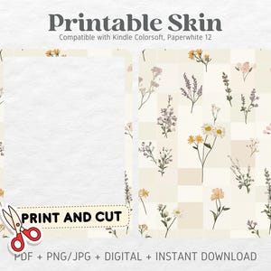 Kindle Colorsoft Paperwhite 12 Skin Decal Case Inserts | Checkered Neutral Florals | Printable Skin | DIGITAL DOWNLOAD PNG