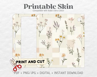 Kobo Libra Colour Skin Decal Case Inserts | Checkered Neutral Florals | Printable Skin | DIGITAL DOWNLOAD PNG