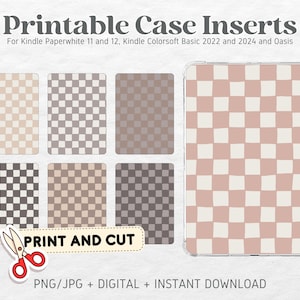 Könnte beinhalten: Druckbare Etui-Einsätze für Kindle Paperwhite 11 und 12, Kindle Colorsoft Basic 2022 und 2024 sowie Oasis. Die Einsätze haben ein kariertes Muster in verschiedenen Farben, darunter Beige, Grau und Rosa.