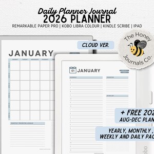 May include: A digital planner journal for 2026, featuring monthly, weekly, and daily pages. The image shows a calendar layout and a daily schedule view. Includes a free 2025 planner. The Honey Journals Co. logo is visible.