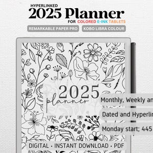 K&ouml;nnte beinhalten: Schwarz-wei&szlig;er digitaler Planer f&uuml;r 2025 mit floralen Illustrationen. Der Planer enth&auml;lt Monats-, Wochen- und Tagesansichten. Er ist datiert und mit Hyperlinks versehen, mit einem Montag-Start. Der Planer hat 445 Seiten und ist als digitaler Download im PDF-Format verf&uuml;gbar.
