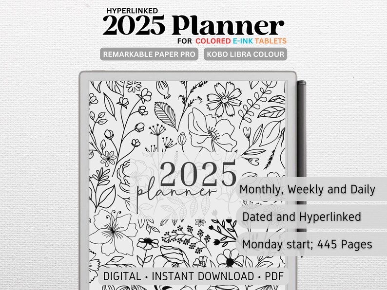 K&ouml;nnte beinhalten: Schwarz-wei&szlig;er digitaler Planer f&uuml;r 2025 mit floralen Illustrationen. Der Planer enth&auml;lt Monats-, Wochen- und Tagesansichten. Er ist datiert und mit Hyperlinks versehen, mit einem Montag-Start. Der Planer hat 445 Seiten und ist als digitaler Download im PDF-Format verf&uuml;gbar.