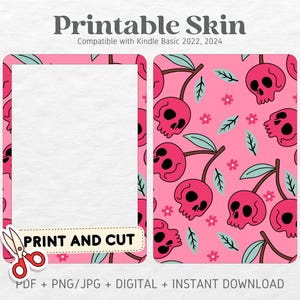Kindle Basic 2022 Skin Decal Case Inserts | Pink Cherry Skulls | Printable Skin | DIGITAL DOWNLOAD PNG