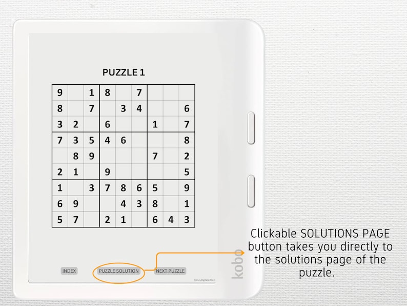 Sudoku Puzzle designed for Kobo Libra Colour, Elipsa 2E, Sage | Vol 1; HARD 100 PUZZLES | Digital Download | Hyperlinked PDF image 3