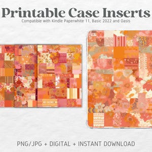 Puede incluir: Insertos de funda imprimibles compatibles con Kindle Paperwhite 11, Basic 2022 y Oasis. El diseño presenta un mosaico de cuadrados naranja, rosa y rojo con patrones florales.