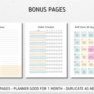 May include: Three printable planner pages with a pink, blue, and yellow color scheme. The first page is a notes page with a pink and yellow color block at the top. The second page is a habit tracker with a light blue and yellow color scheme. The third page is a self-care 30 days challenge with a pink, blue, and yellow color scheme.