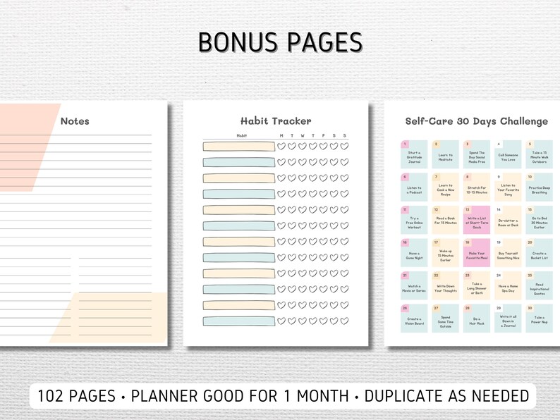 May include: Three printable planner pages with a pink, blue, and yellow color scheme. The first page is a notes page with a pink and yellow color block at the top. The second page is a habit tracker with a light blue and yellow color scheme. The third page is a self-care 30 days challenge with a pink, blue, and yellow color scheme.
