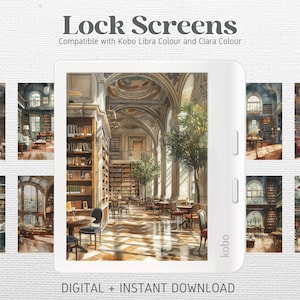 Può includere: Un set di schermate di blocco digitali che mostrano l'interno di una biblioteca con alte librerie, soffitti a volta e raggi di sole che entrano dalle finestre. Le schermate sono compatibili con i lettori di ebook Kobo Libra Colour e Clara Colour. Il testo "Lock Screens" e "kobo" è visibile nell'immagine.